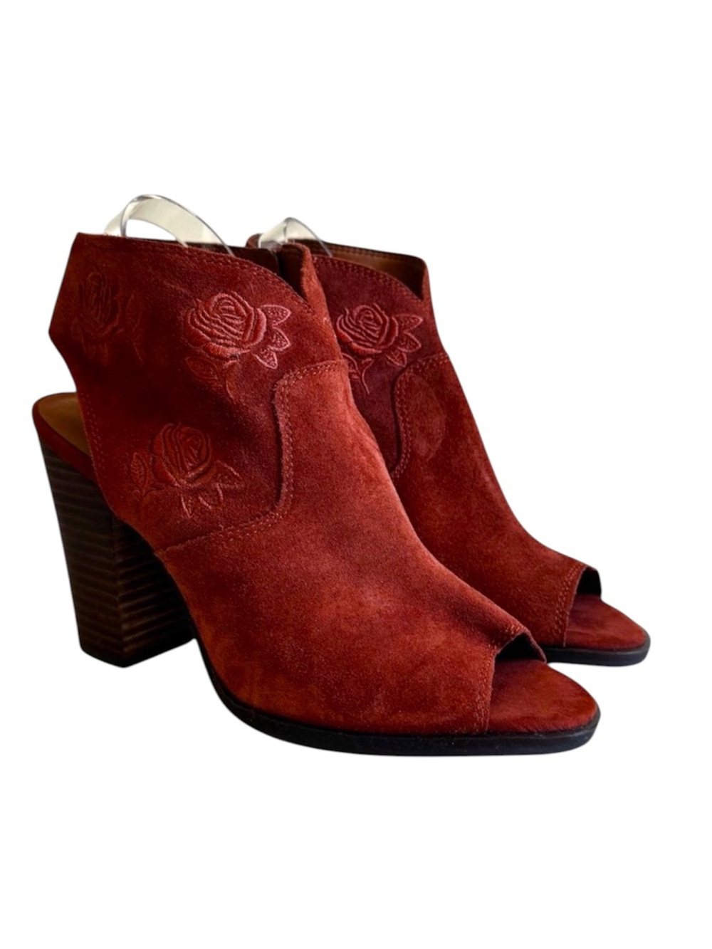 Lucky Brand Booties LISTANA Suede Floral Embroidered Open Toe Sling Back